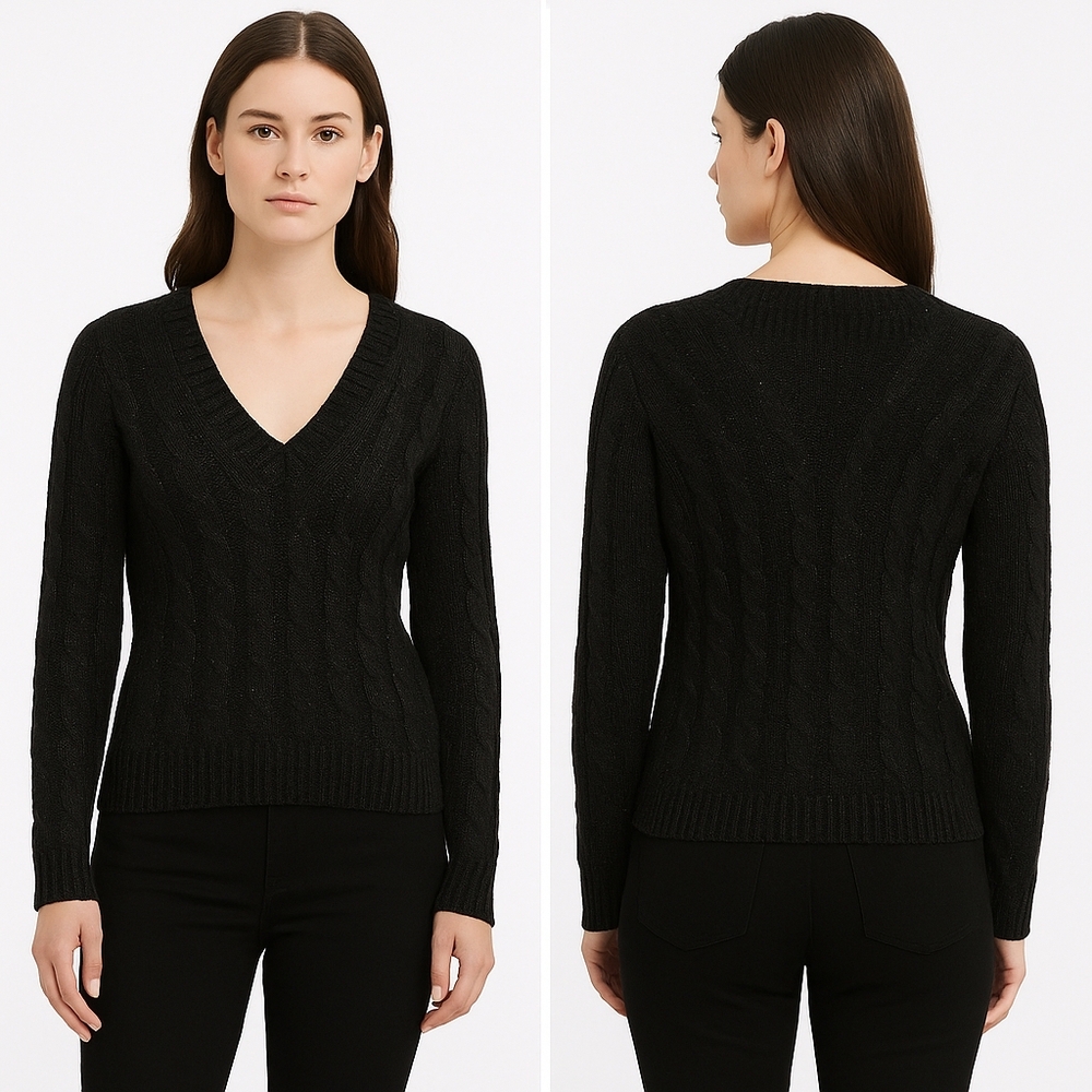 LAUREN RALPH LAUREN Sweater Womens Large Black Shimmer Cable Knit Vneck Classic